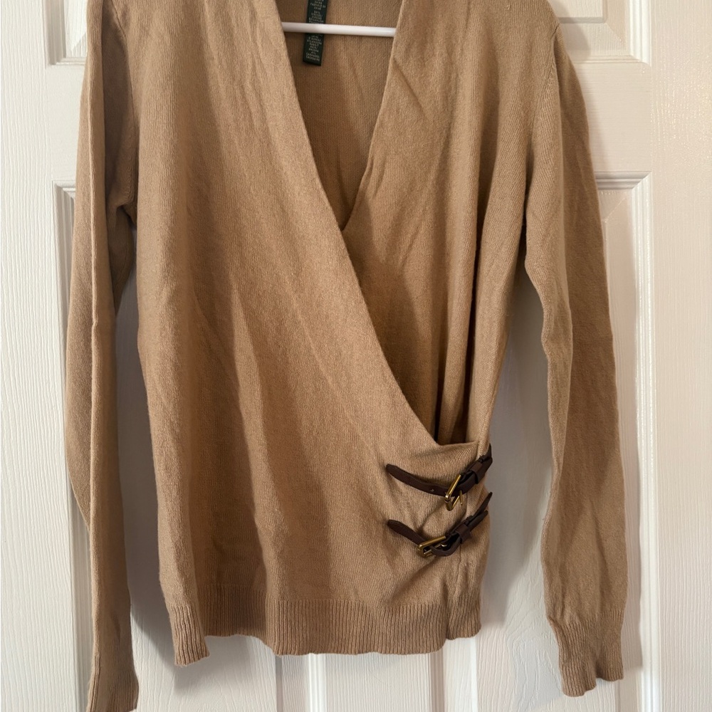Ralph Lauren Camel V-Neck Sweater with Buckle Details